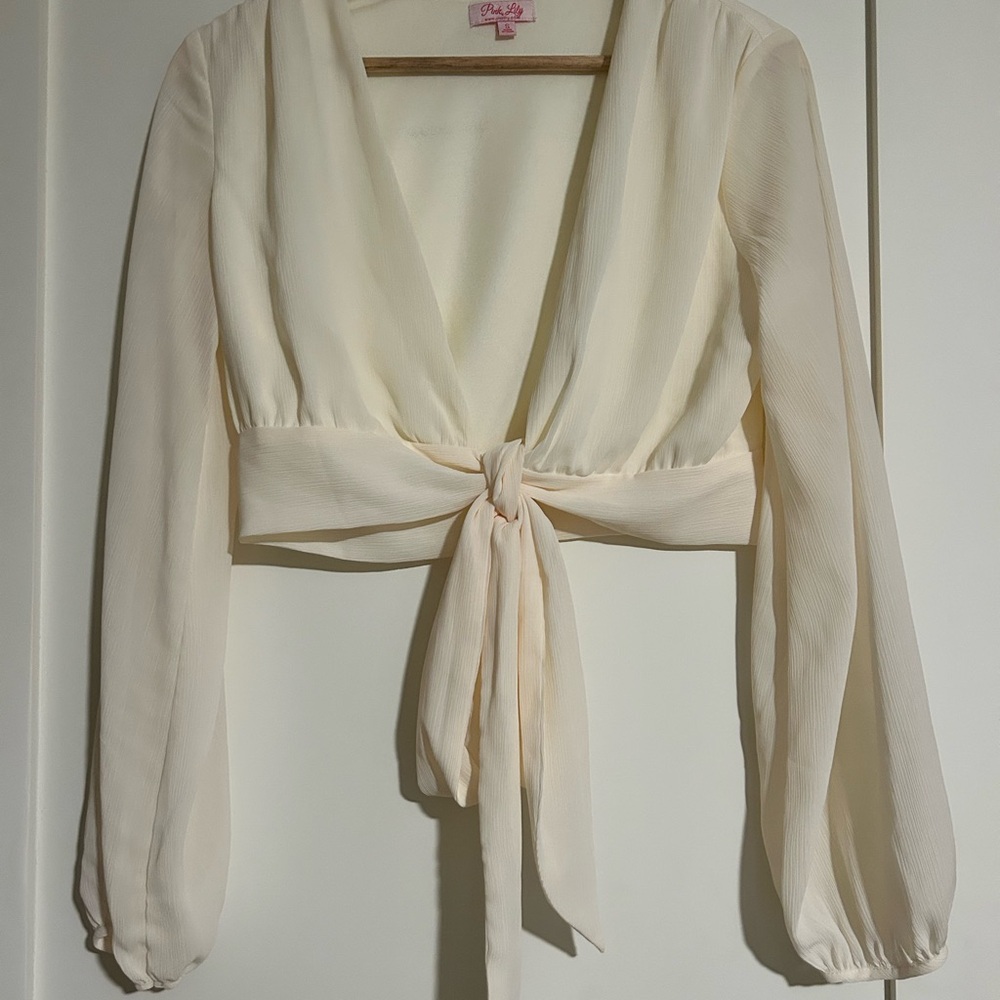 Pink Lily Cream Tie-Front Blouse
